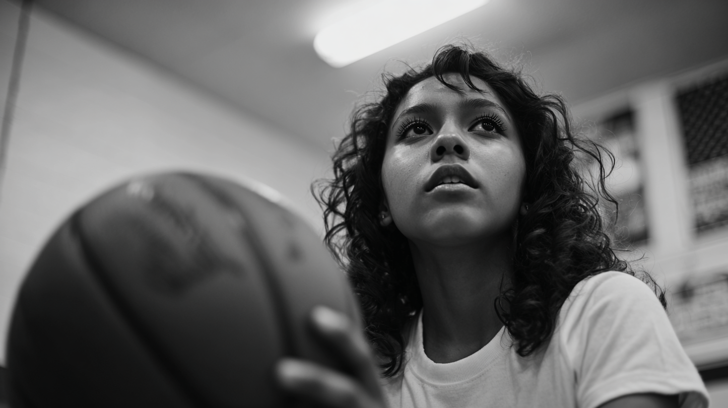 Black and white photo of a woman holding a basketball indoors.
