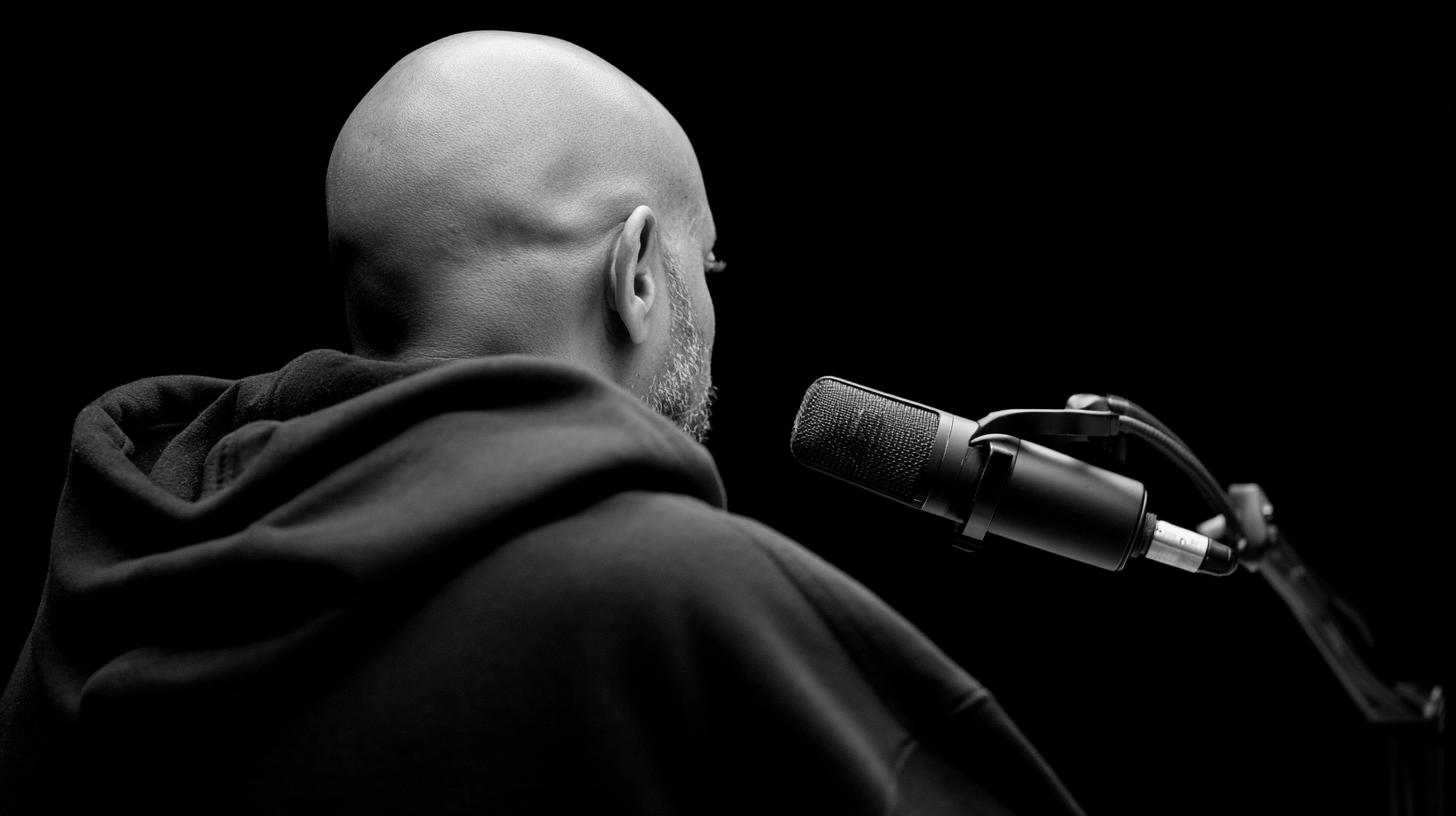 Person wearing a hoodie standing in front of a microphone on a black background