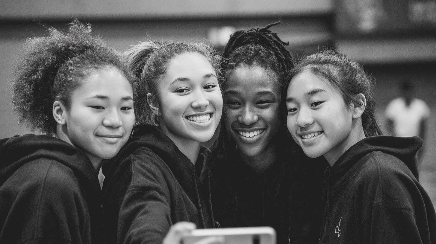 Four young women taking a selfie together in a black and white photo.