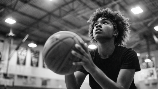 Person holding a basketball in an indoor sports facility