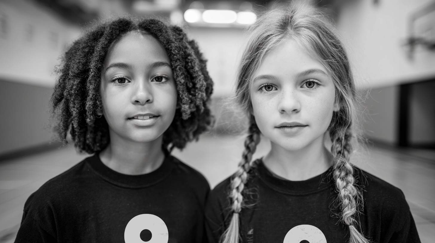 Two young girls wearing black shirts with a logo, standing side by side.