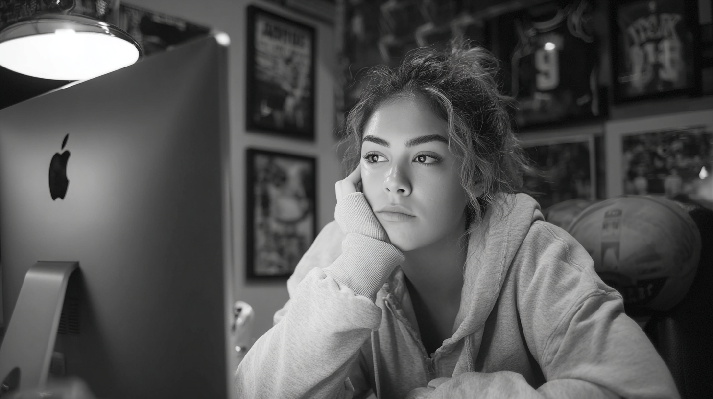 Person in a robe sitting in front of a computer screen in a room with posters on the wall.