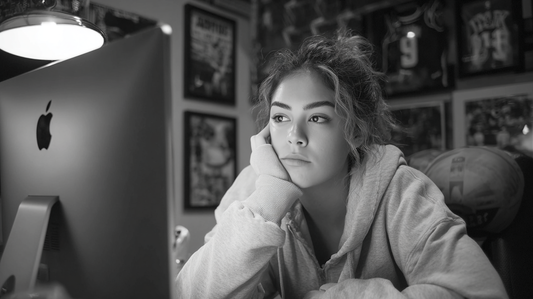 Person in a robe sitting in front of a computer screen in a room with posters on the wall.
