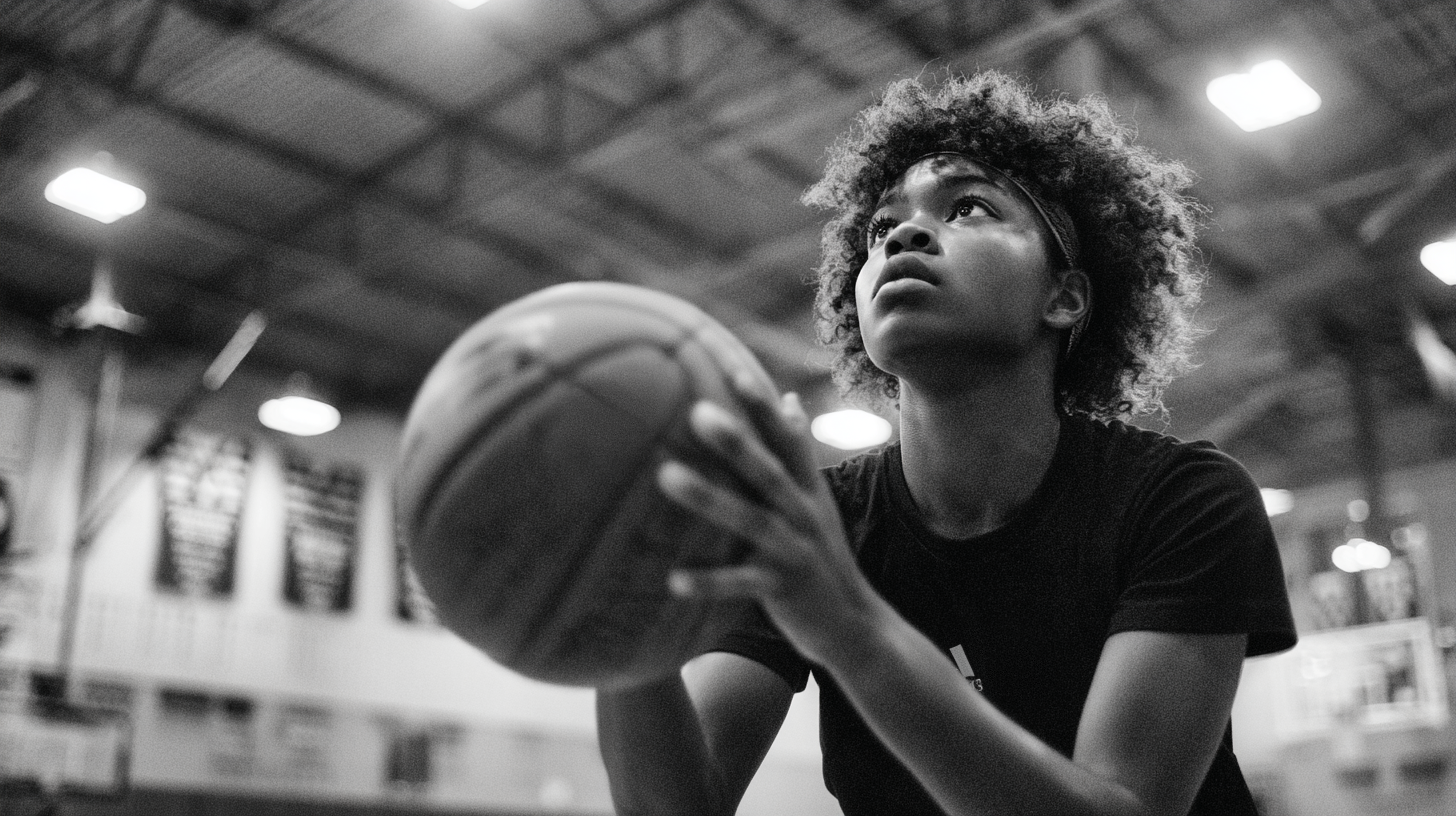 Person holding a basketball in an indoor sports facility